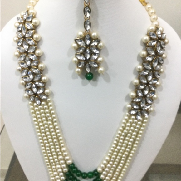 Green & white pearl pakistani bridal necklace set queen’s necklace - Picture 10 of 10